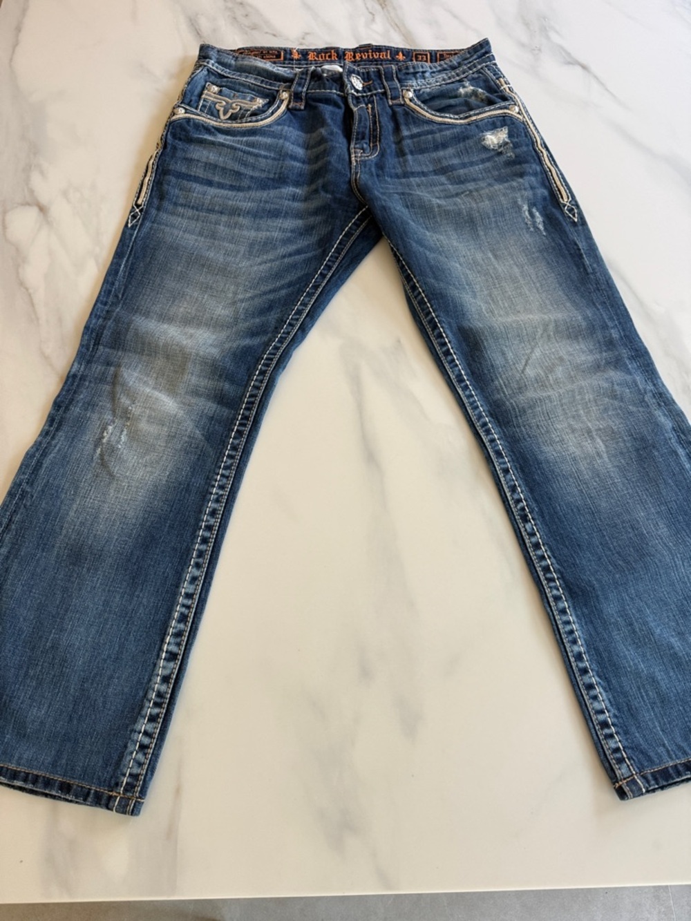 Men's Blue Rock Revival Tucker Straight Boot Cut Jeans - Classic Washed 33/30
